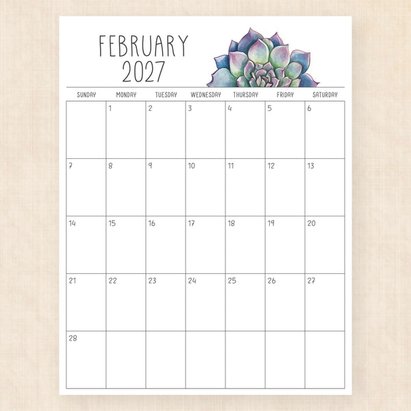 february 2027 calendar sunkissed succulents