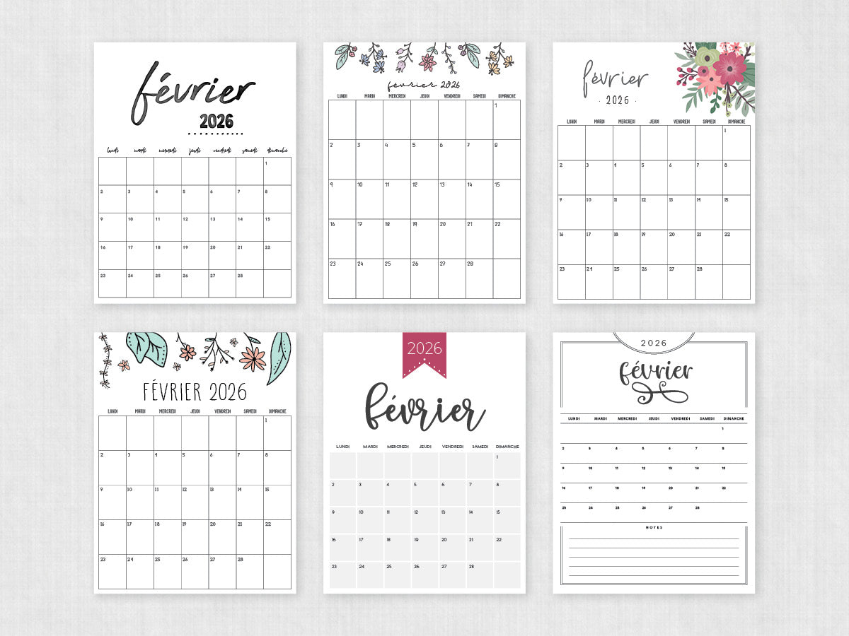 février 2026 calendrier imprimable