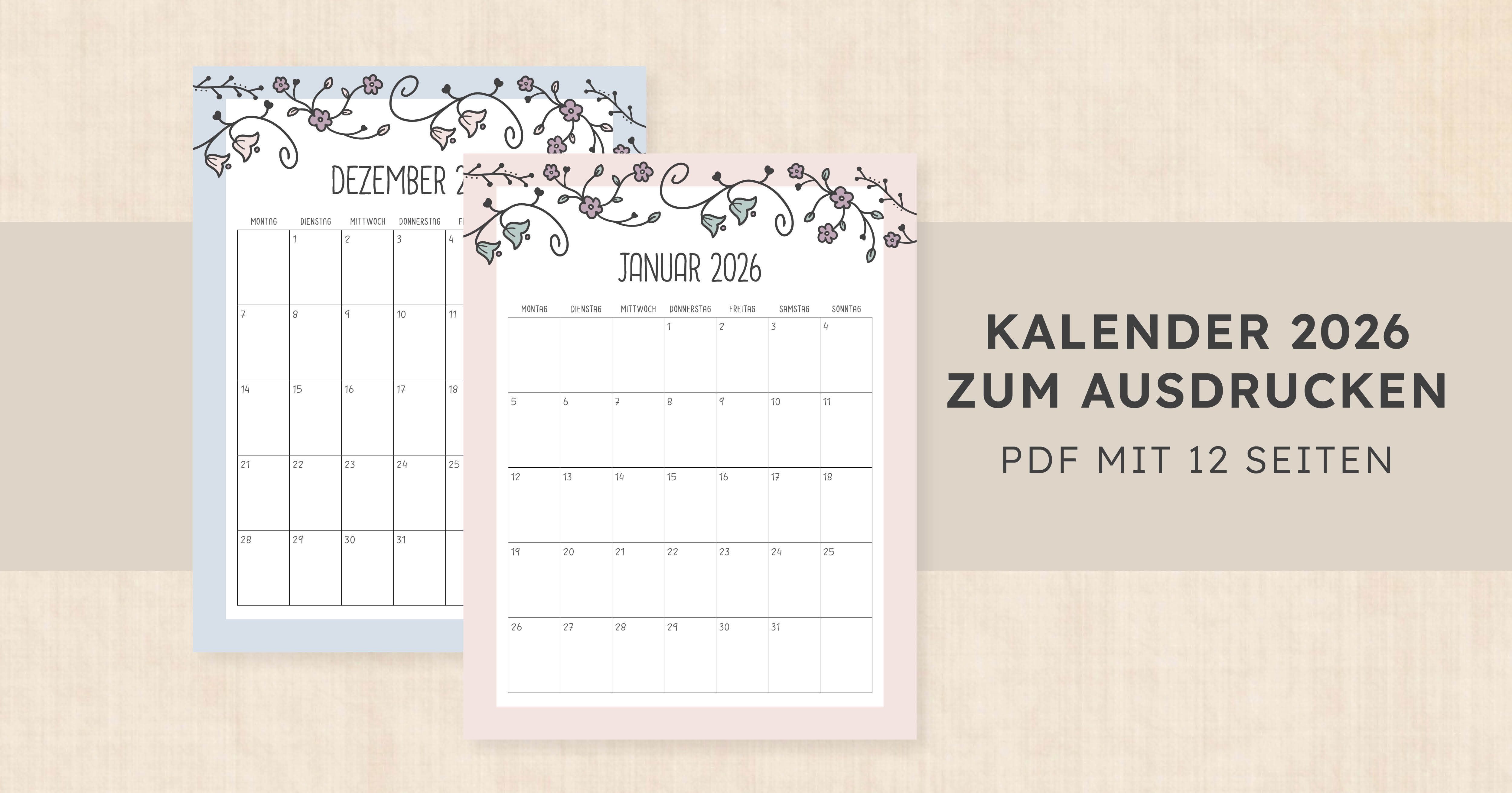 Kalender 2026 zum Ausdrucken · Vintage Vines