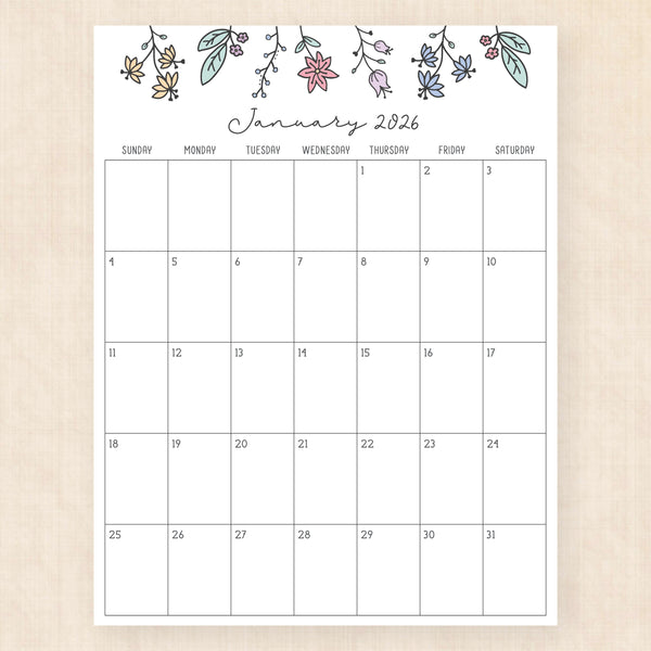 january 2026 calendar wildflower whimsy