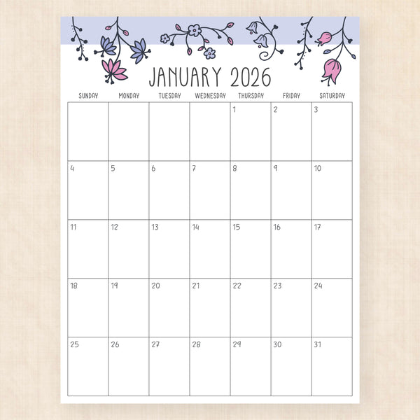 january 2026 calendar sunlight solace