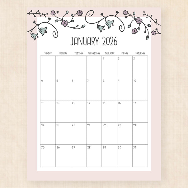 january 2026 calendar vintage vines