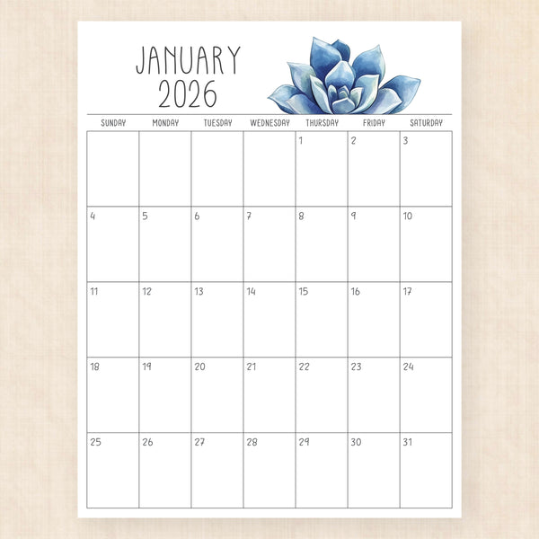 january 2026 calendar sunkissed succulents
