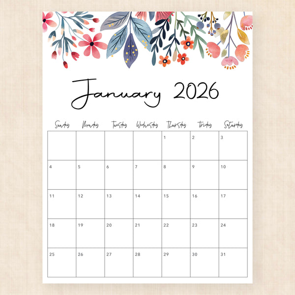 january 2026 calendar floral fantasy