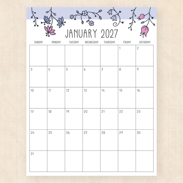 january 2027 calendar sunlight solace