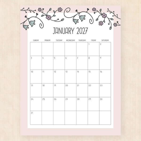 january 2027 calendar vintage vines