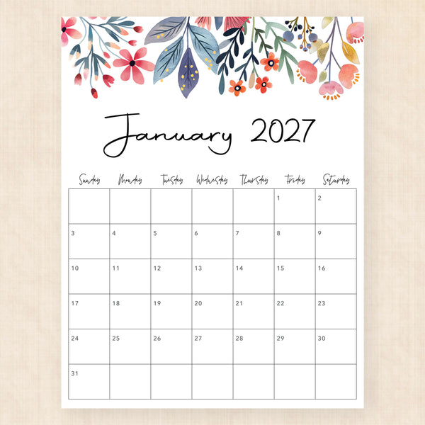 january 2027 calendar floral fantasy