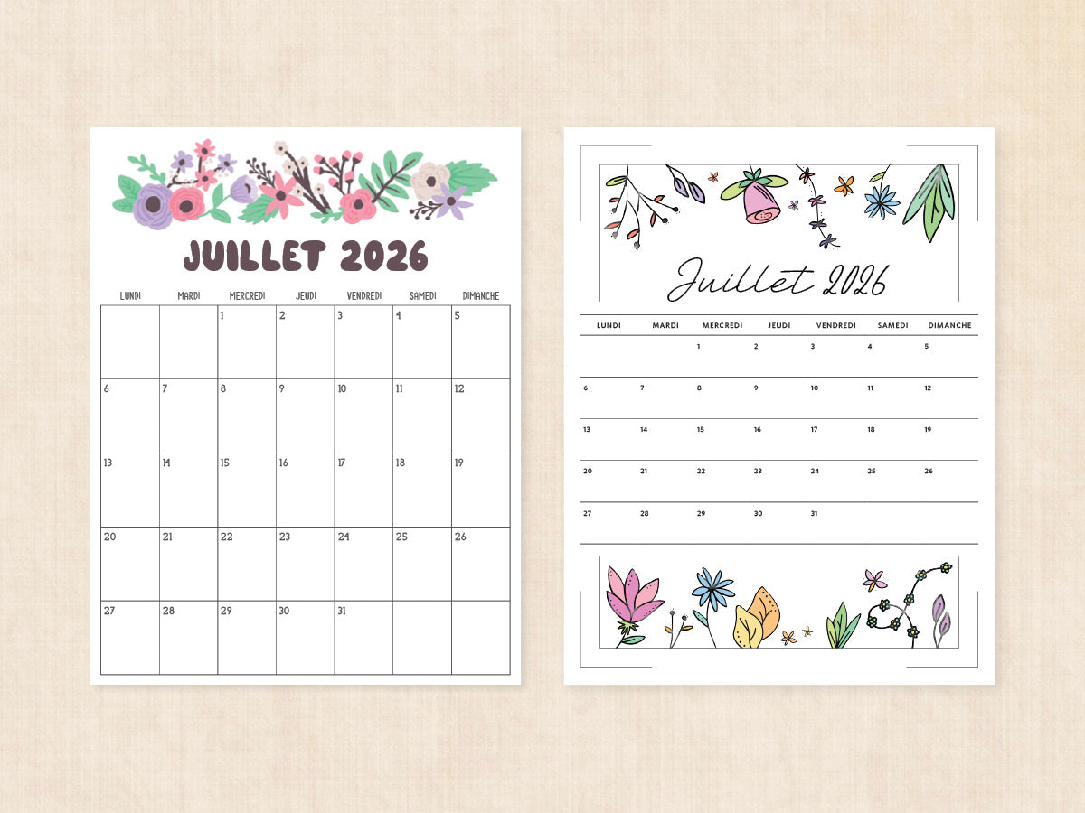 juillet 2026 calendrier vierge