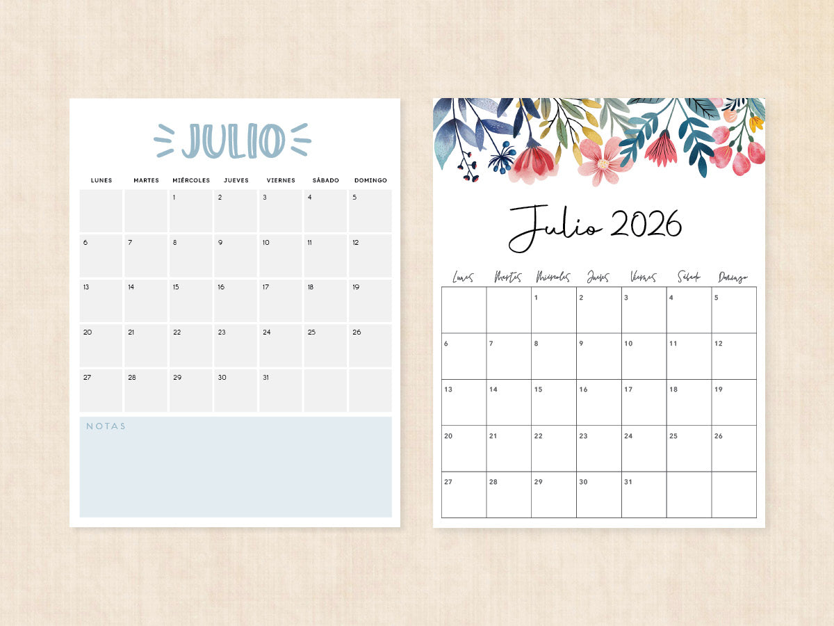 julio 2026 calendario en blanco