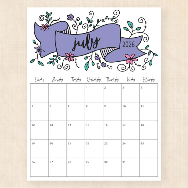 july 2026 calendar luminous lillies