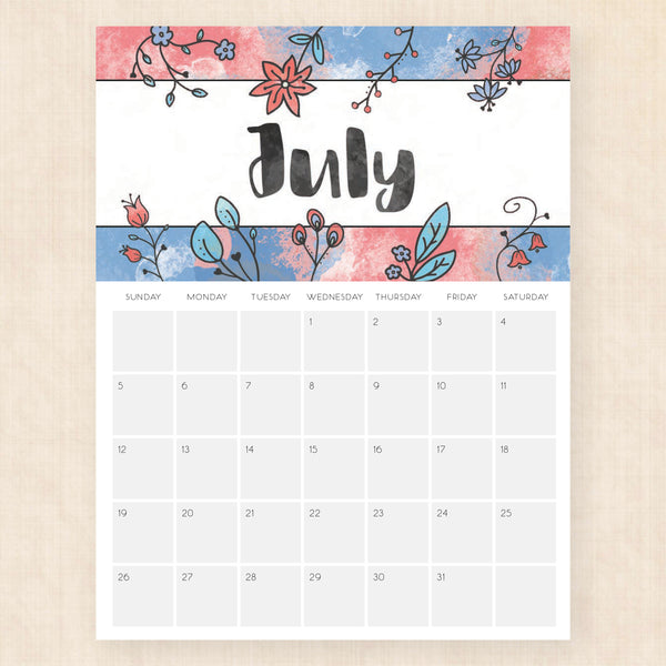 july 2026 calendar brilliant blossoms