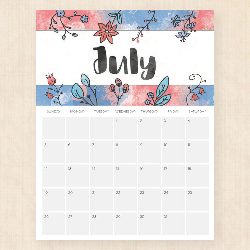 july 2026 calendar brilliant blossoms