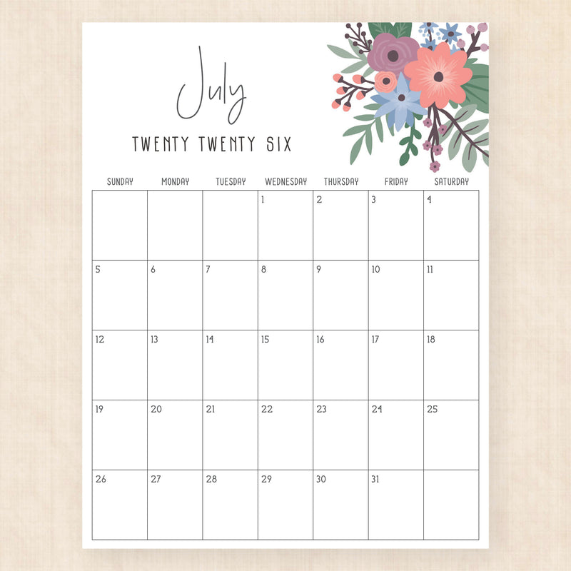 july 2026 calendar petunia punch