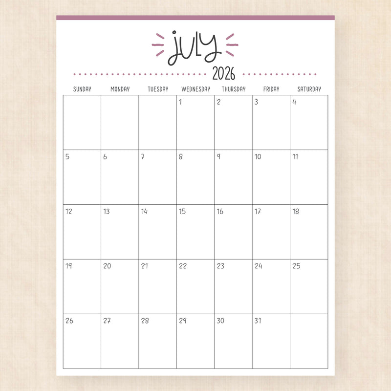 july 2026 calendar buzzy burst