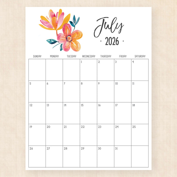 july 2026 calendar hibiscus harmony
