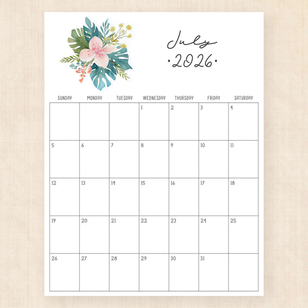 july 2026 calendar pastel paradise
