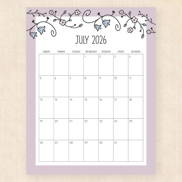 july 2026 calendar vintage vines