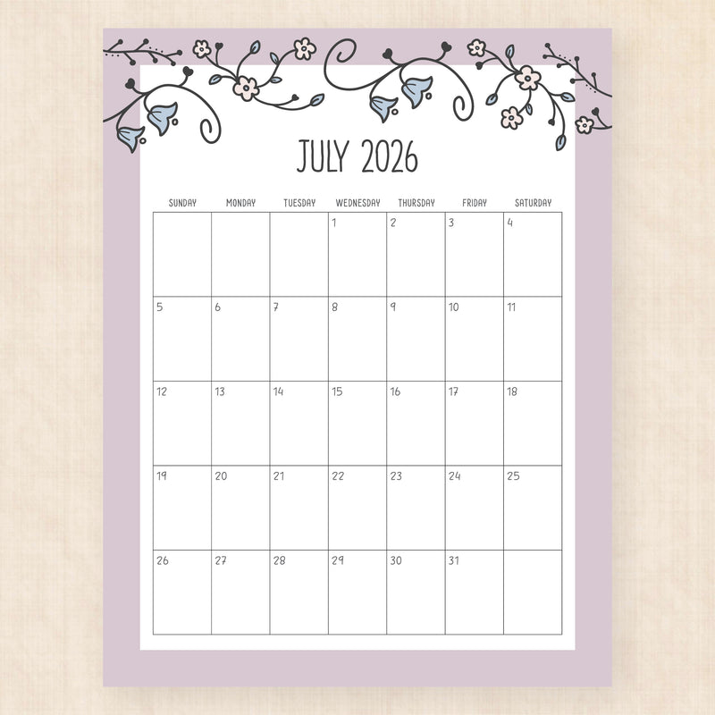 july 2026 calendar vintage vines