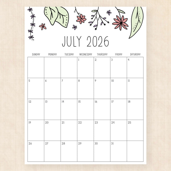 july 2026 calendar rhododendron rain