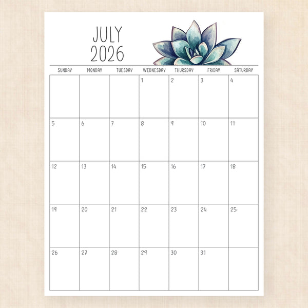 july 2026 calendar sunkissed succulents