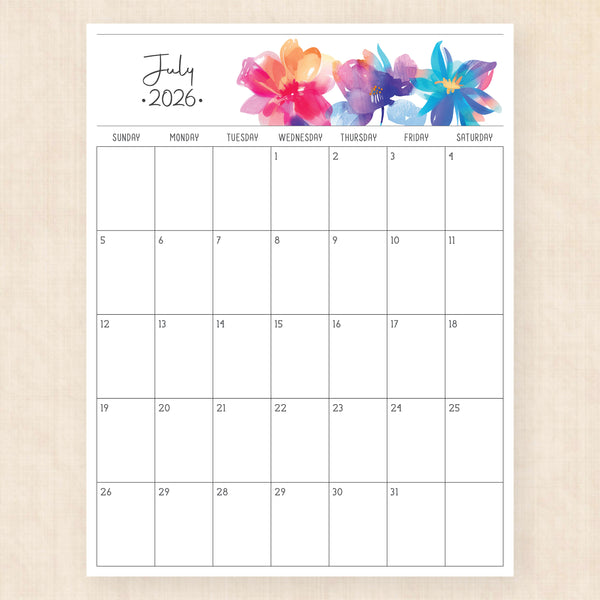 july 2026 calendar boho bougainvillea