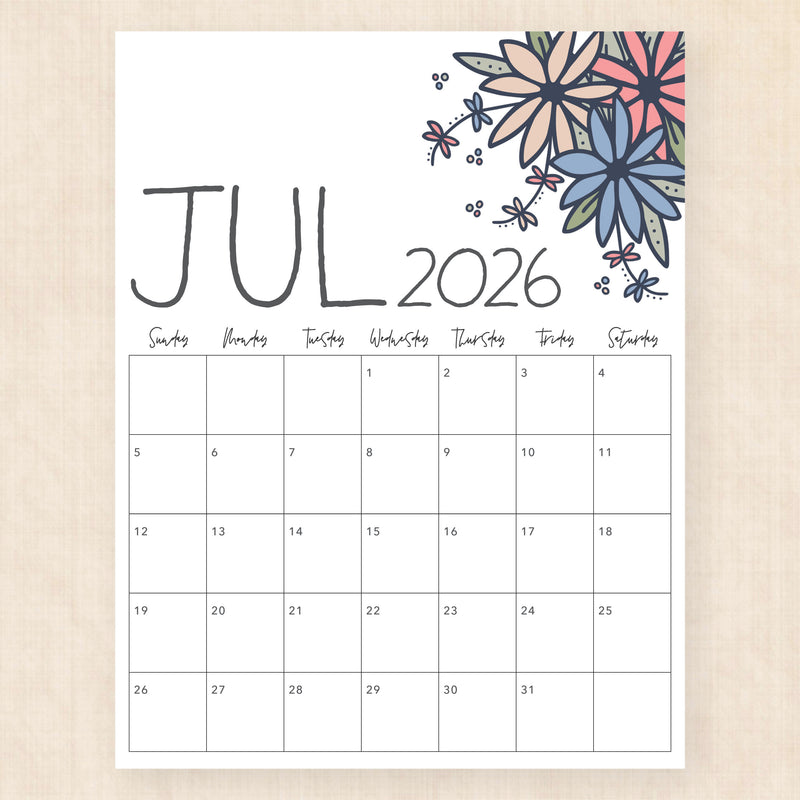 july 2026 calendar dapper daisies