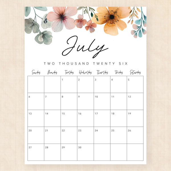 july 2026 calendar lush lagoon