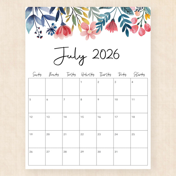 july 2026 calendar floral fantasy
