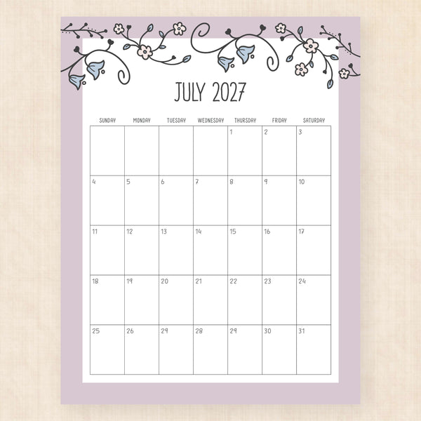 july 2027 calendar vintage vines