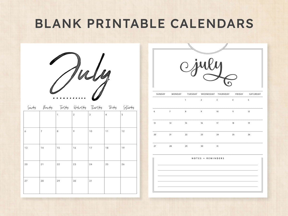 July Calendar Printable PDF Template