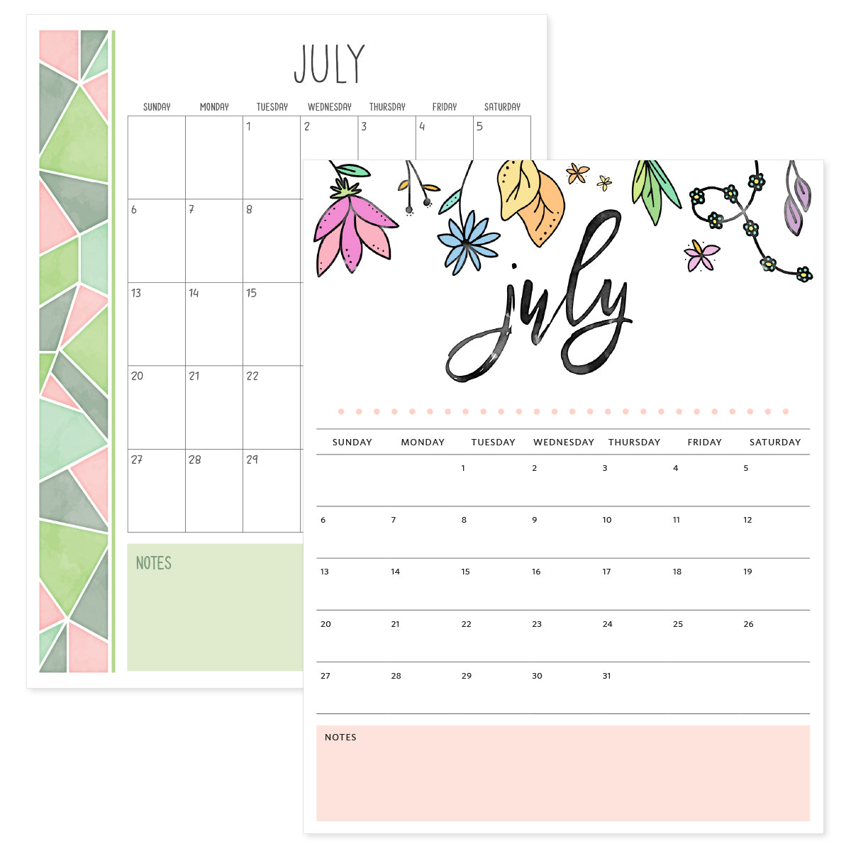 July Calendar Printable PDF Template
