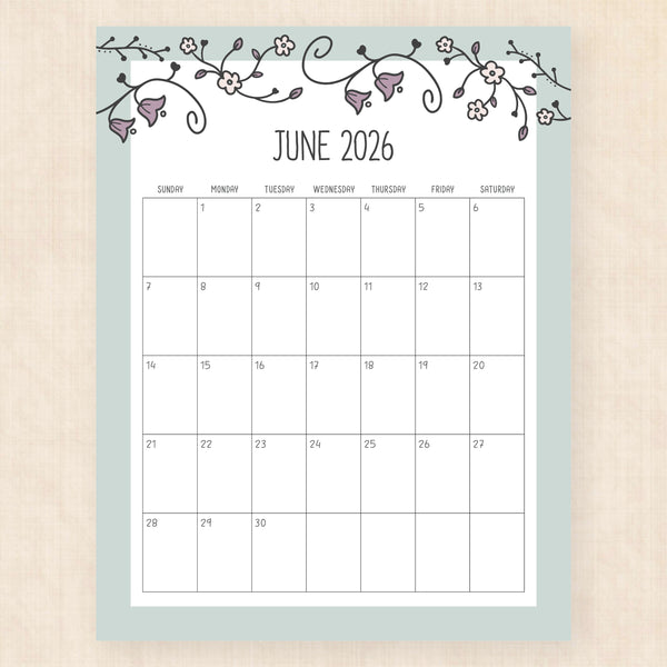 june 2026 calendar vintage vines
