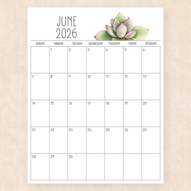 june 2026 calendar sunkissed succulents