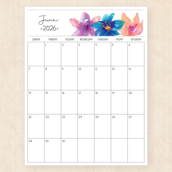 june 2026 calendar boho bougainvillea