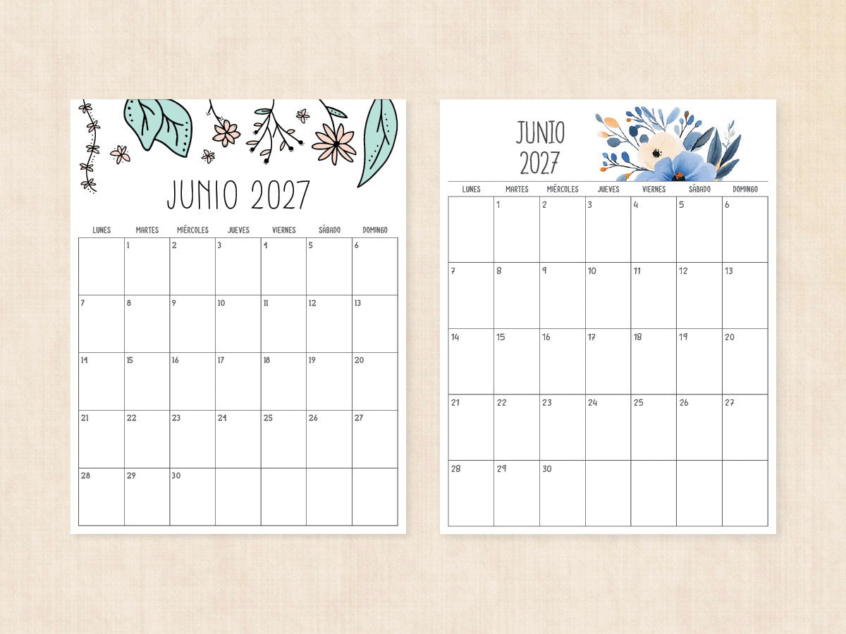 junio 2027 calendario en blanco