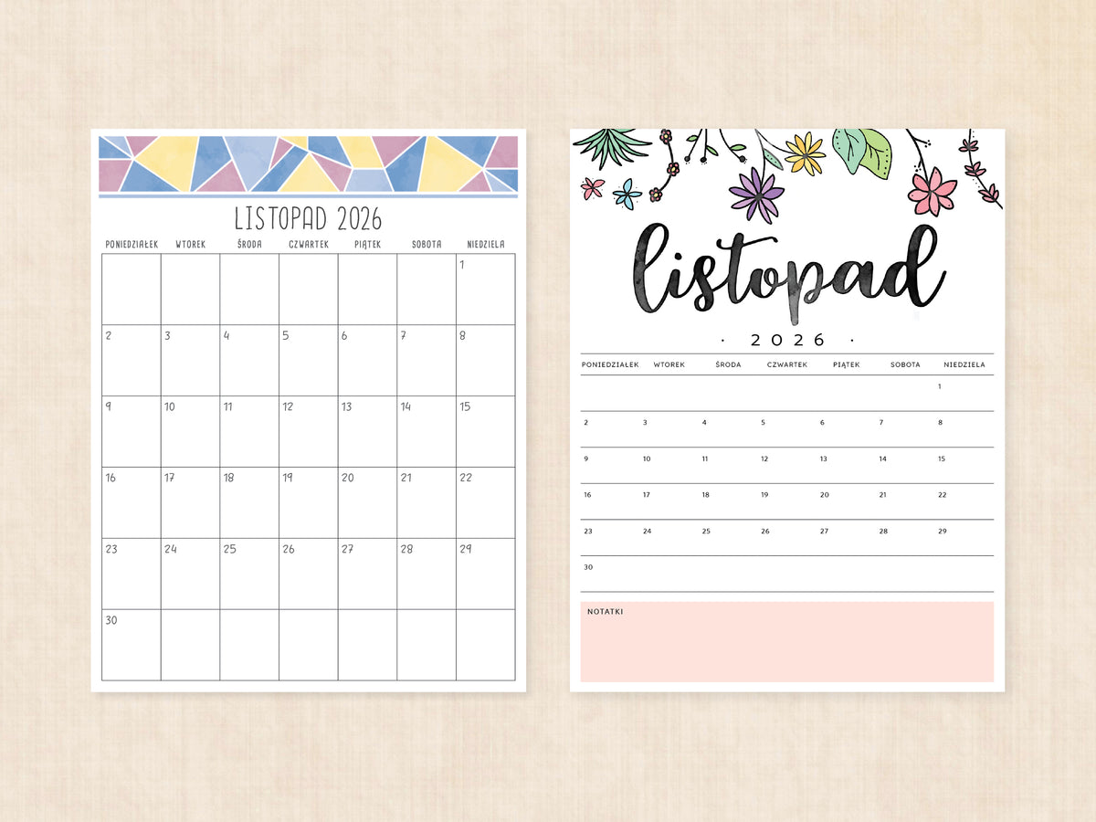 kalendarz 2026 listopad do wydrukowania