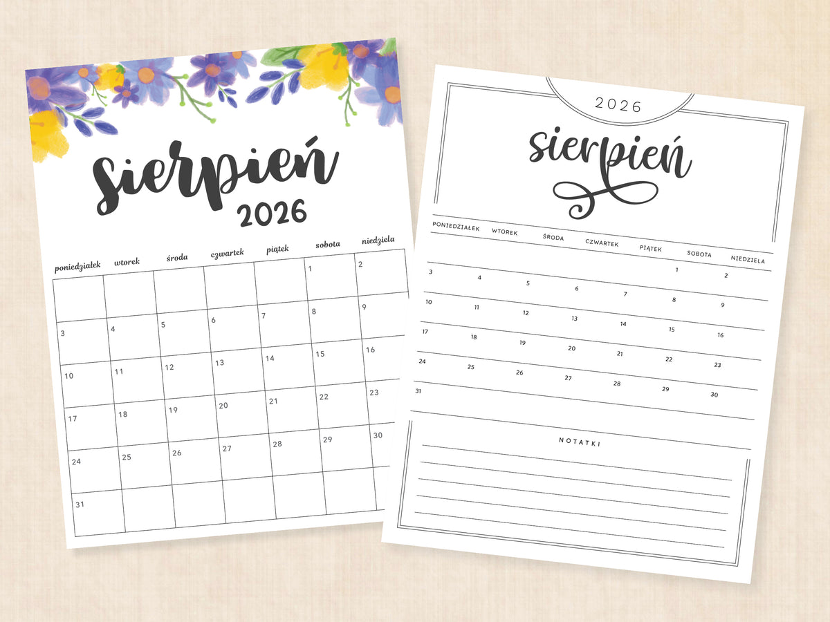 kalendarz 2026 sierpień do wydrukowania