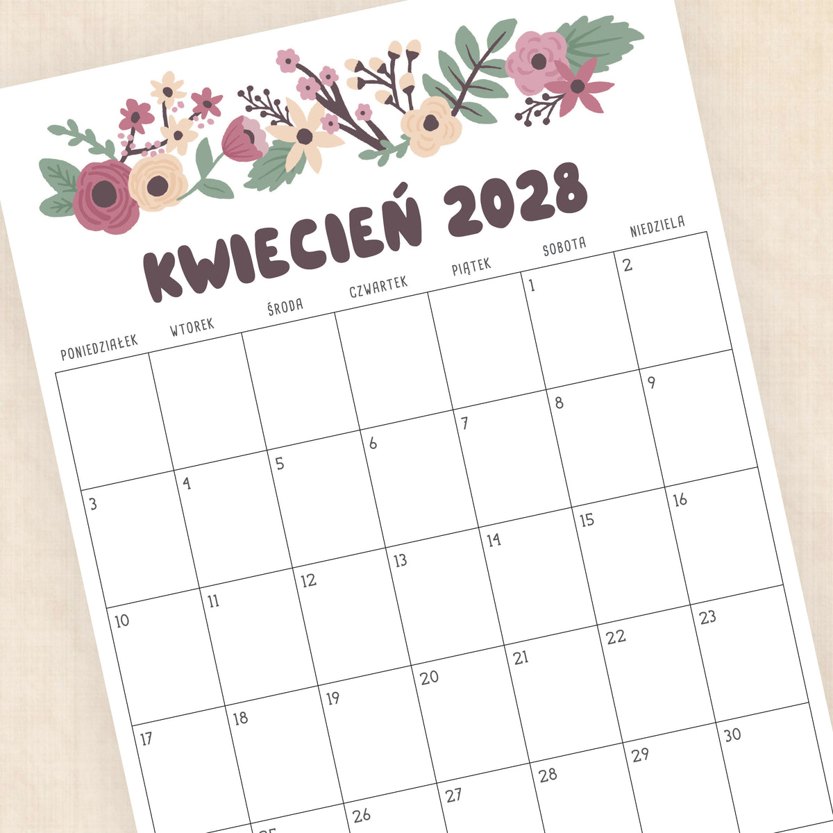 kalendarz 2028 do druku