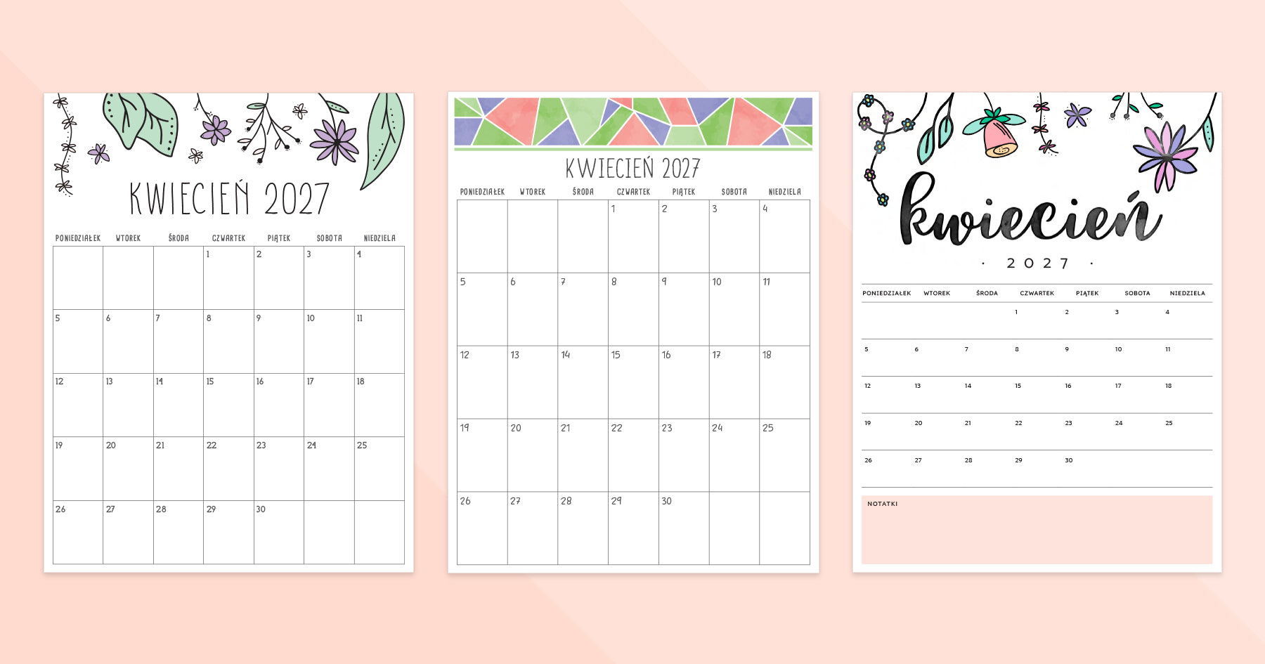 kalendarz kwiecień 2027