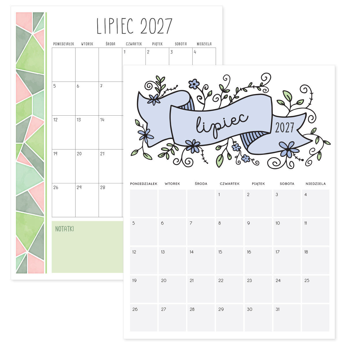 kalendarz lipiec 2027 do druku