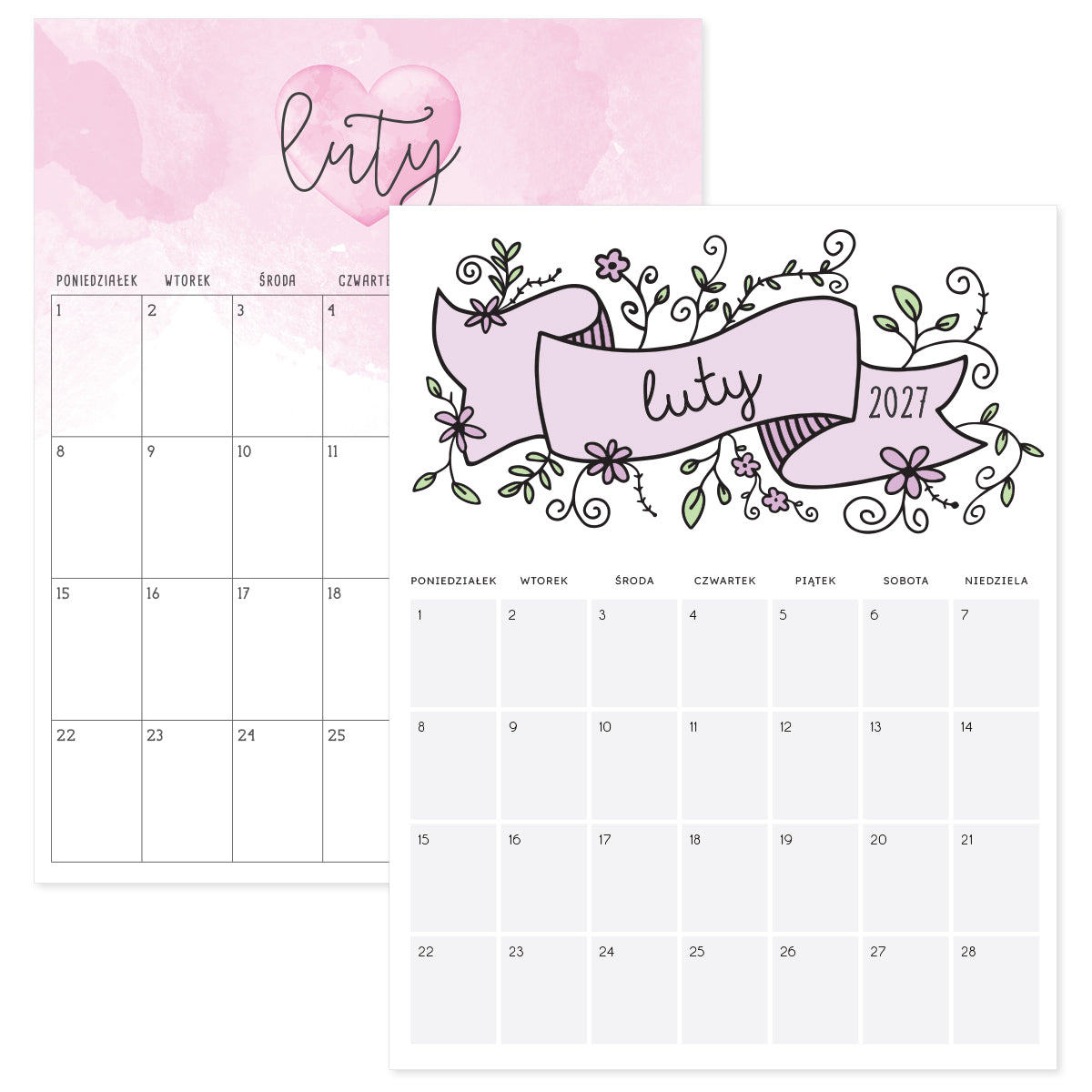kalendarz luty 2027 do druku
