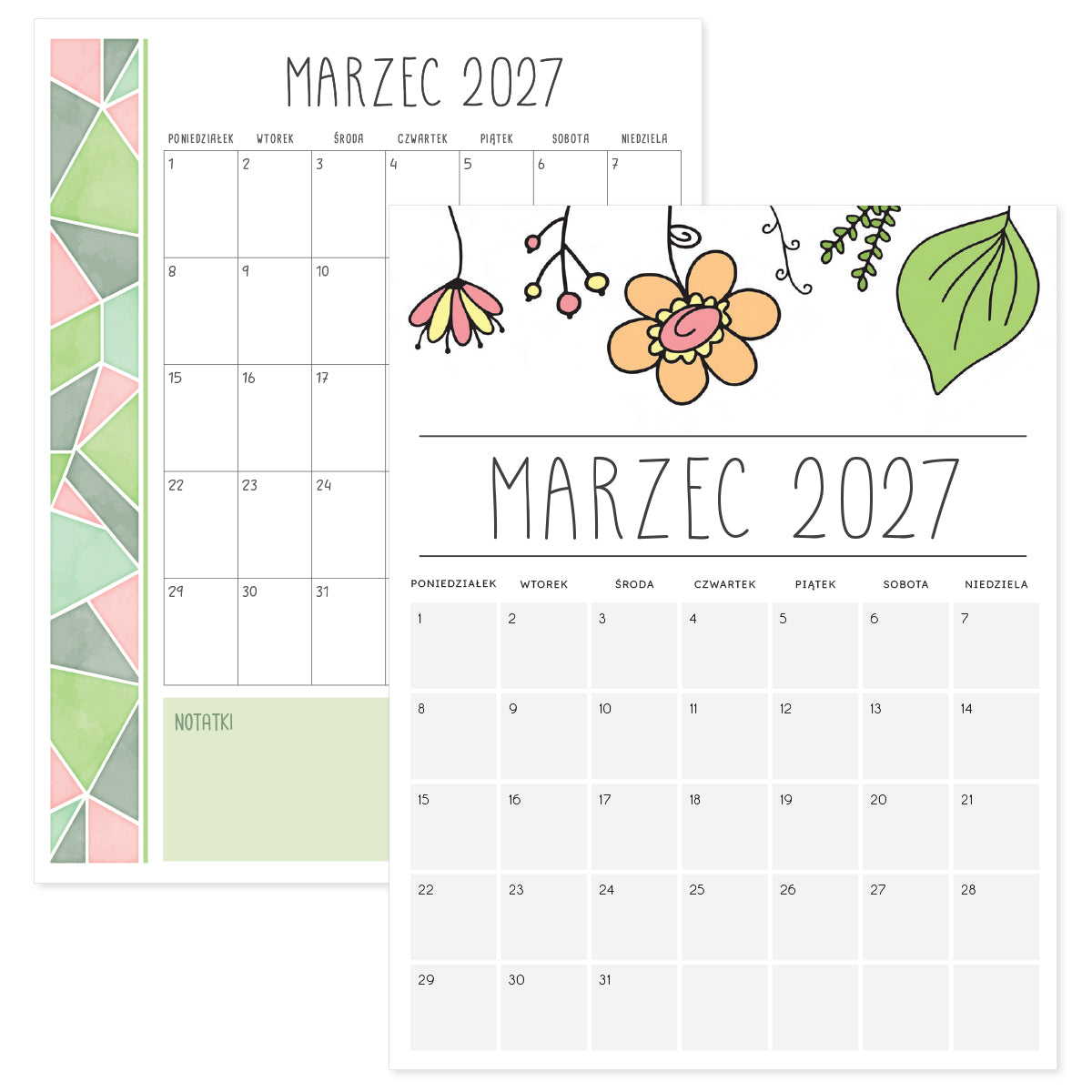 kalendarz marzec 2027 do druku