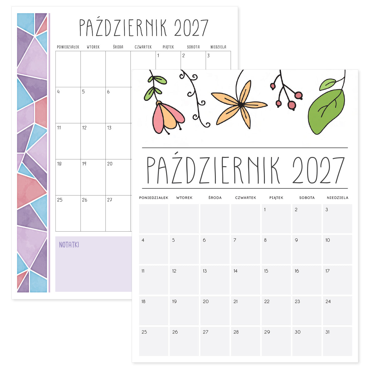 kalendarz październik 2027 do druku