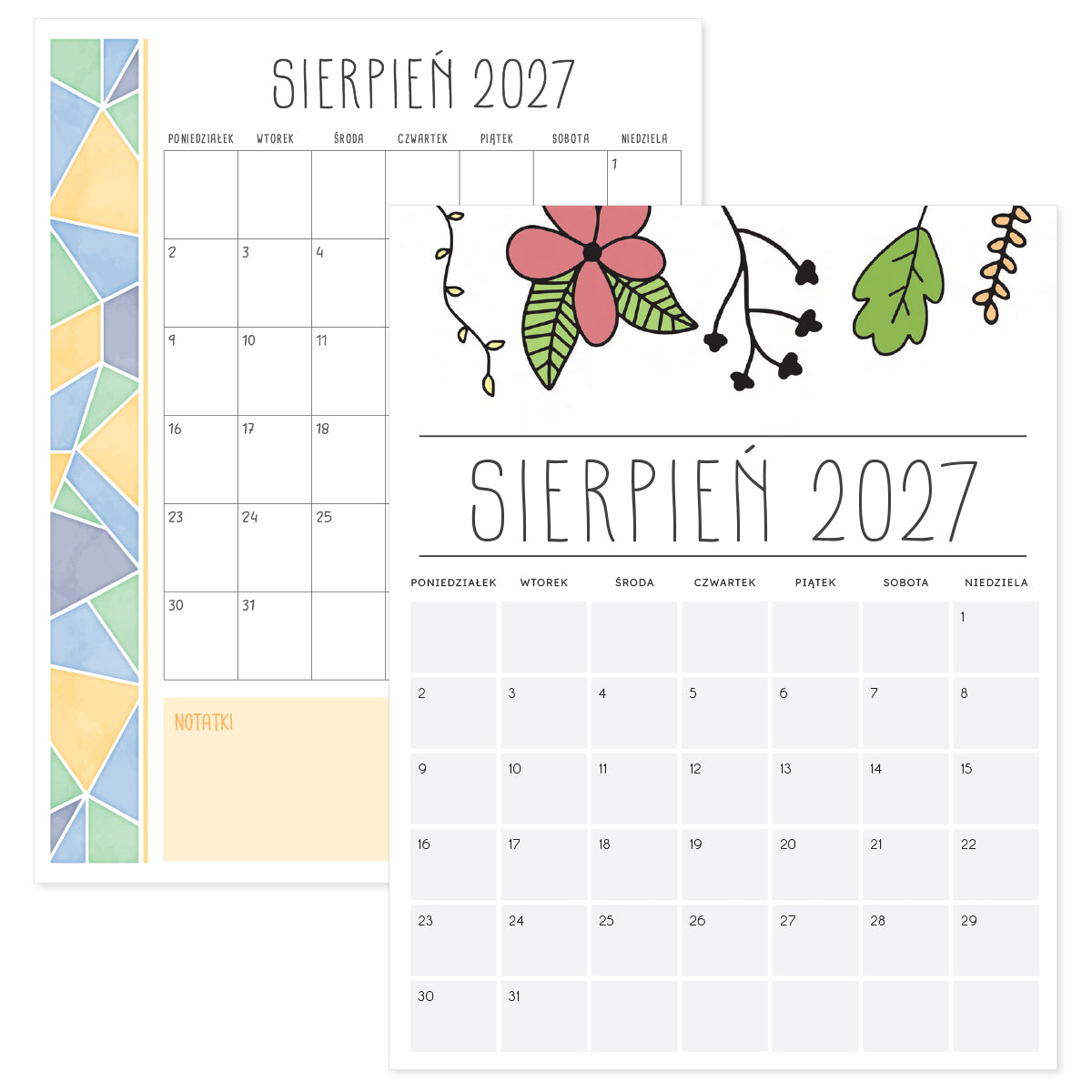 kalendarz sierpien 2027 do druku