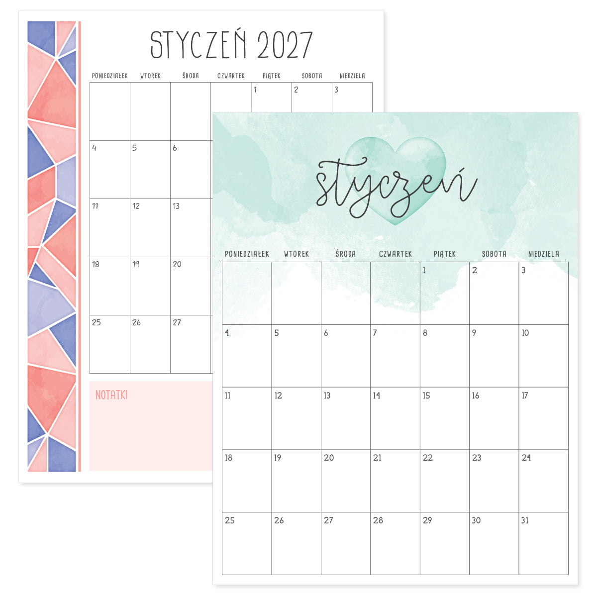 kalendarz styczeń 2027 do druku