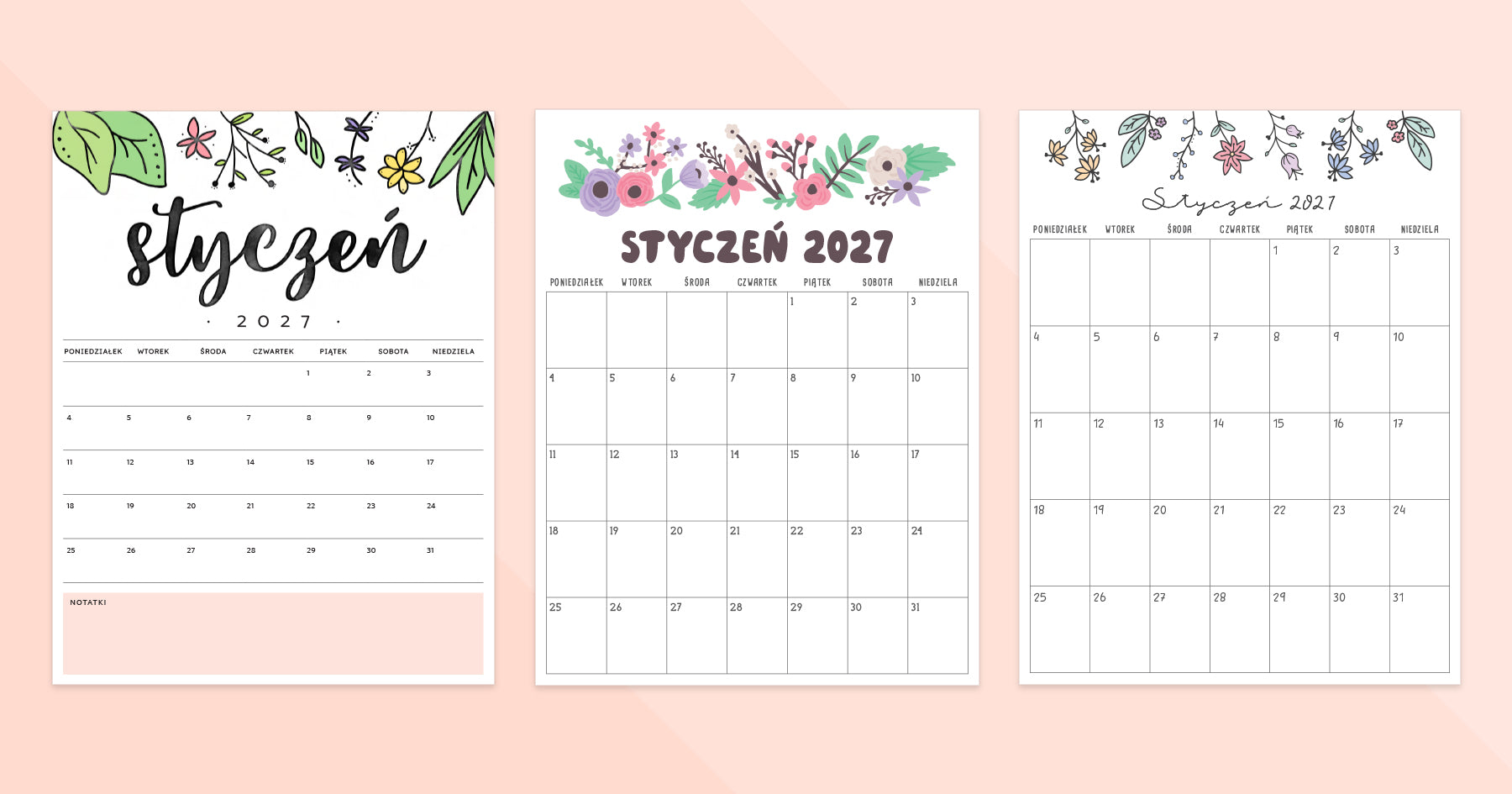 kalendarz styczeń 2027