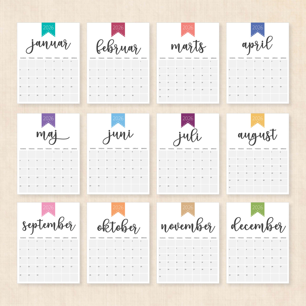 Kalender 2026 print selv