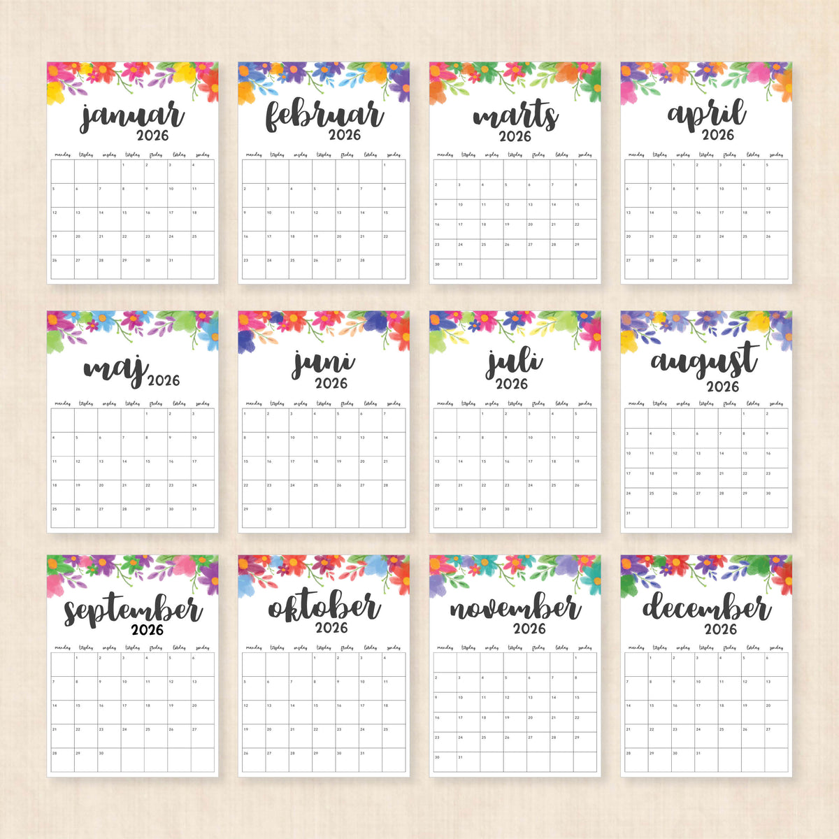 Kalender 2026 print selv