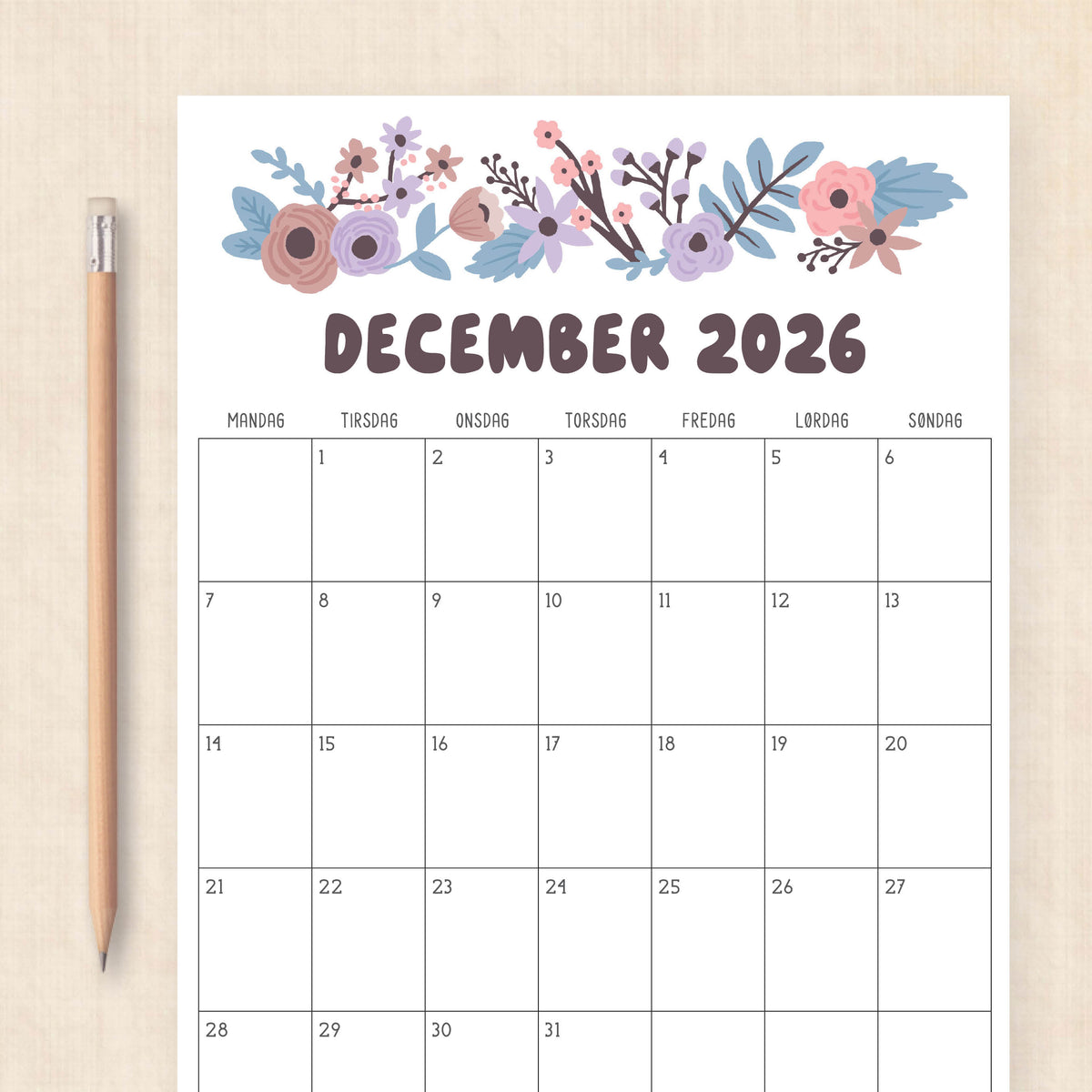 Kalender 2026 print selv