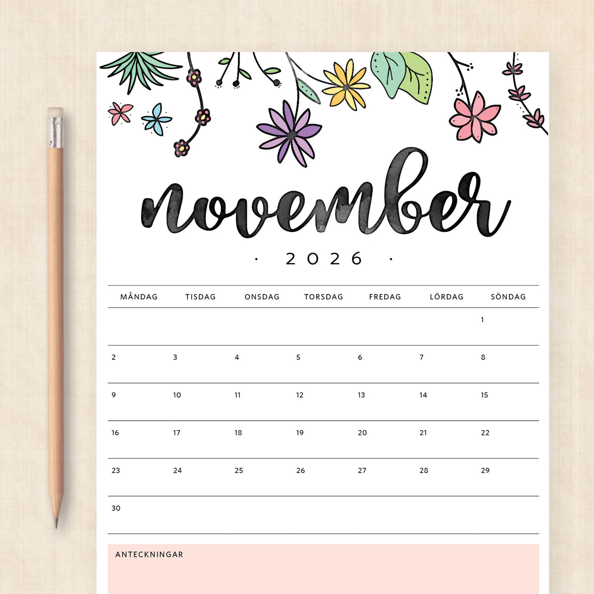 Kalender 2026 att skriva ut